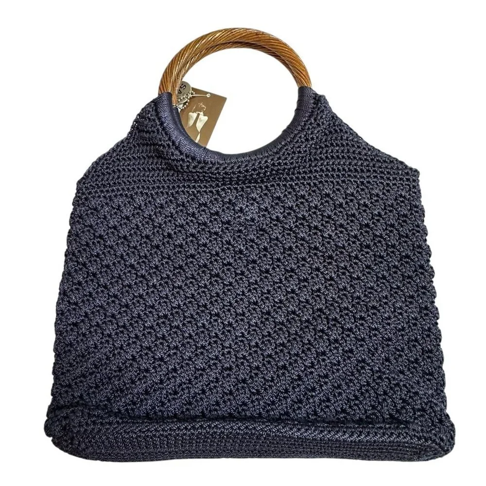NWT Vintage The Sak Ashbury Heights Navy Blue Crochet Top Handle Bag Handbag